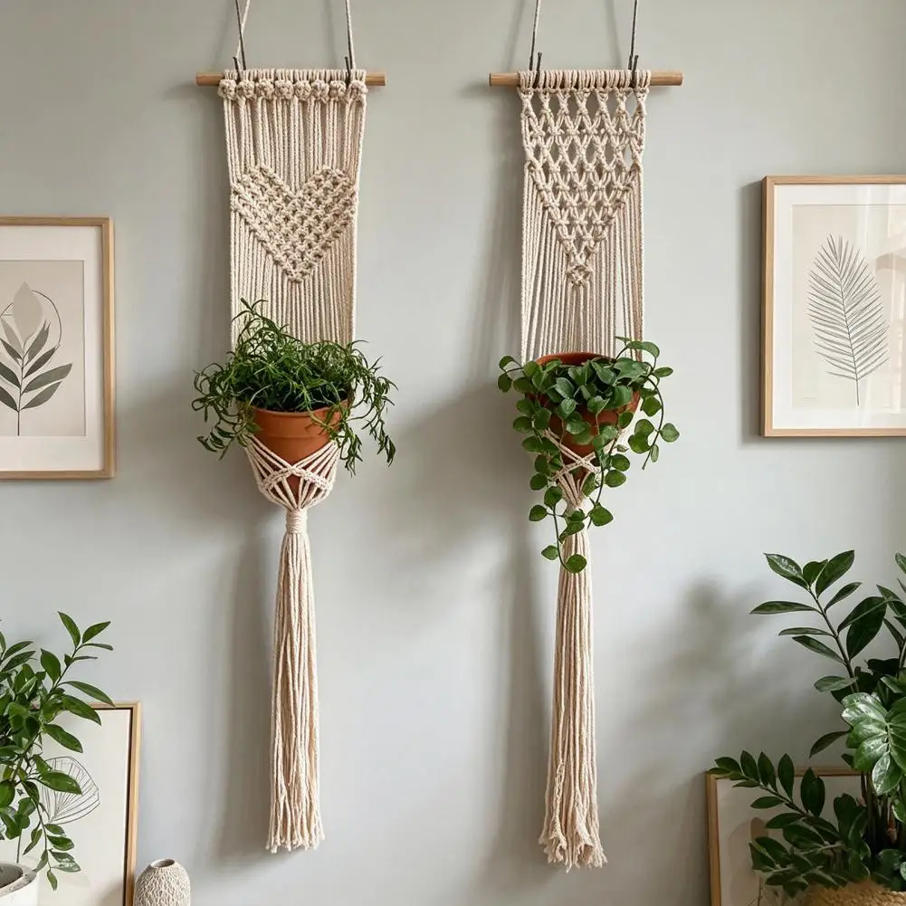 Mesh Plant Holder Bohemian Braided Hanging Basket Knotted Rope Plant Pot Holder Geometric Woven Wall Tapestry for Room Nursery