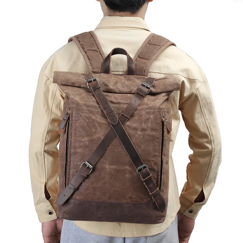 

Vintage Leather And Wax Canvas Clash Color Backpack Waterproof 16inch Computer Large Capacity Bag Outdoor Travel Camping Mochila