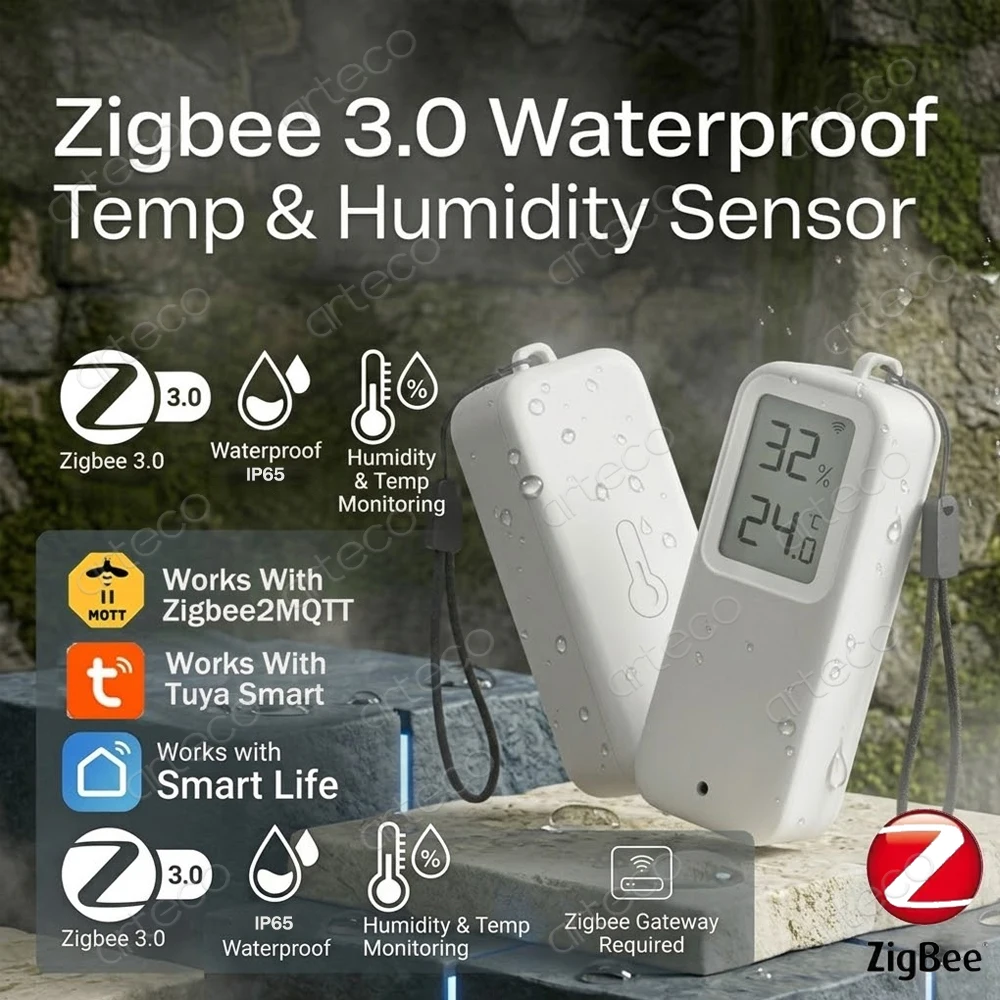 Sensor de temperatura e umidade Zigbee 3.0, IP65, à prova d'água, termômetro interno e externo para casa inteligente, para Tuya Smart Z2MQTT, precisa de gateway