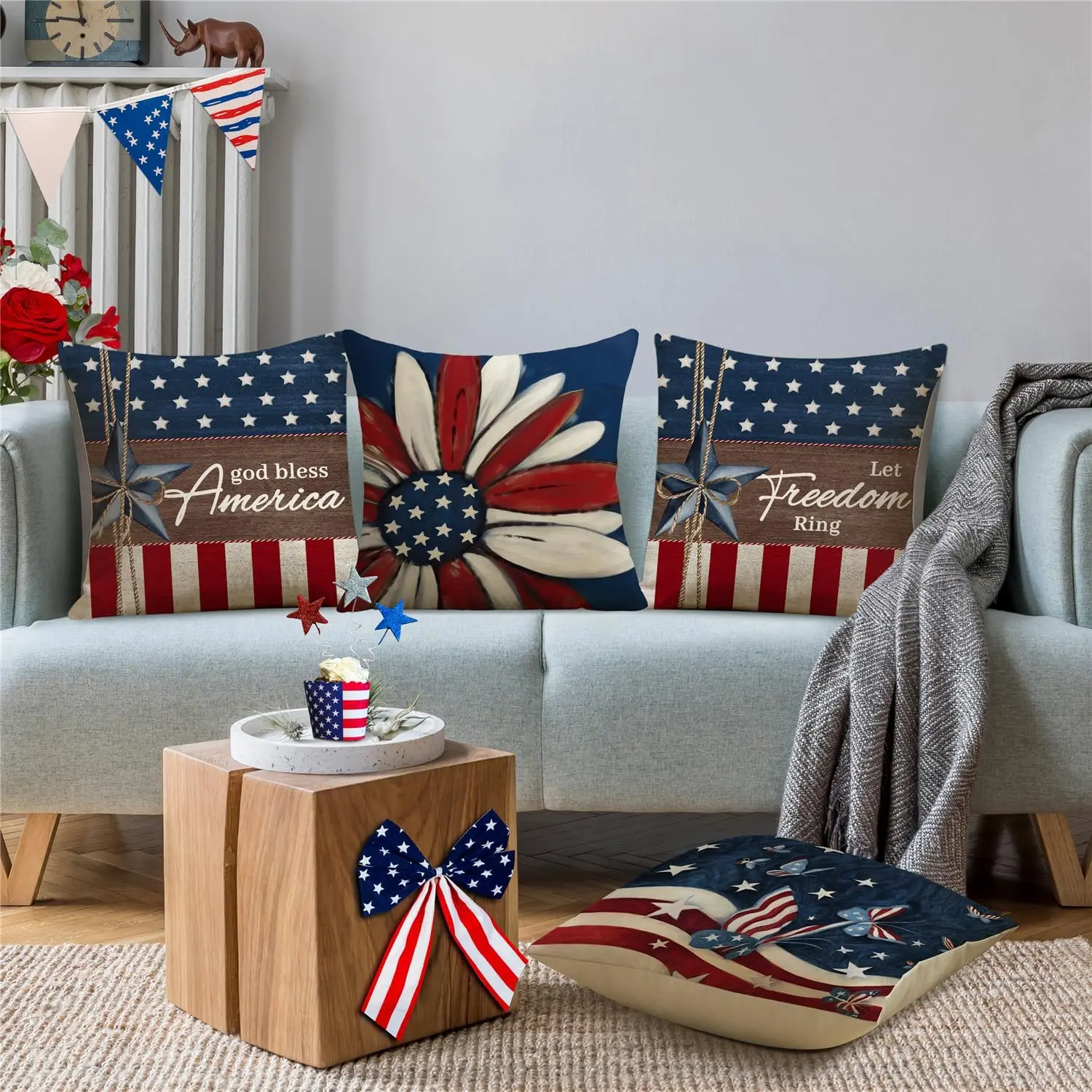 4 Pack Patriotic Americana Pillow Covers Set Stars Stripes American Flag Throw Cushions US Decor Cottage Style Shabby Chic Home