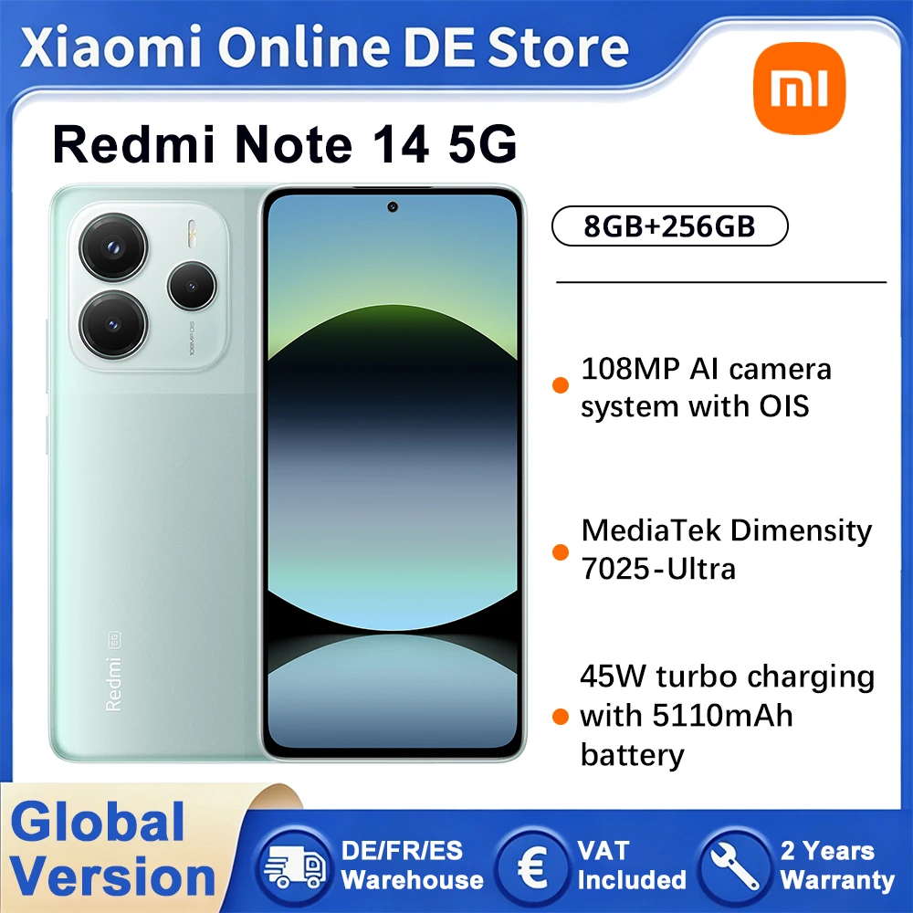 Redmi Note 14 5G Versión Global, Pantalla AMOLED de 6.67" y 120Hz, Dimensity 7025, 8GB+256GB, Cámara de 108MP, Batería de 5000mAh con Carga Turbo, Teléfono Inteligente