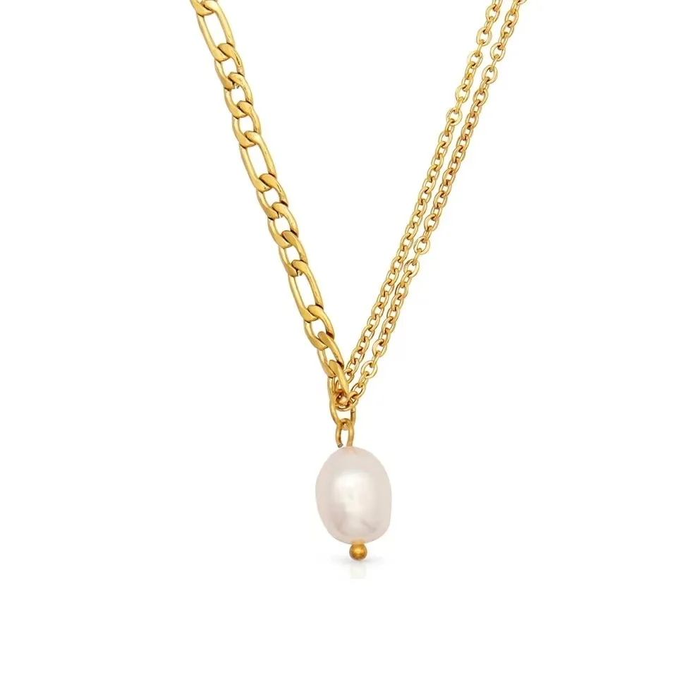 316L Stainless Steel Hot Sale Layered Gold Chain Necklace with Irregular Pearl - Must - have Fashion Item
