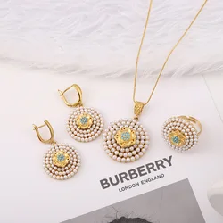 Romatic Women Fashion Gold Necklace Earring Set Pearl Sapphire Round Shape Arabic Style Party Wedding Bride Jewelry Set