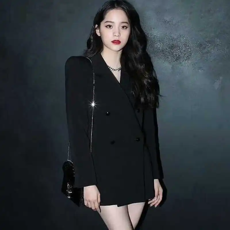 

High-End Black Retro Slim Fit Midi Length Double Breasted Suit Jacket Women's Fashion Naturaleye Commute Style Polyester Long...