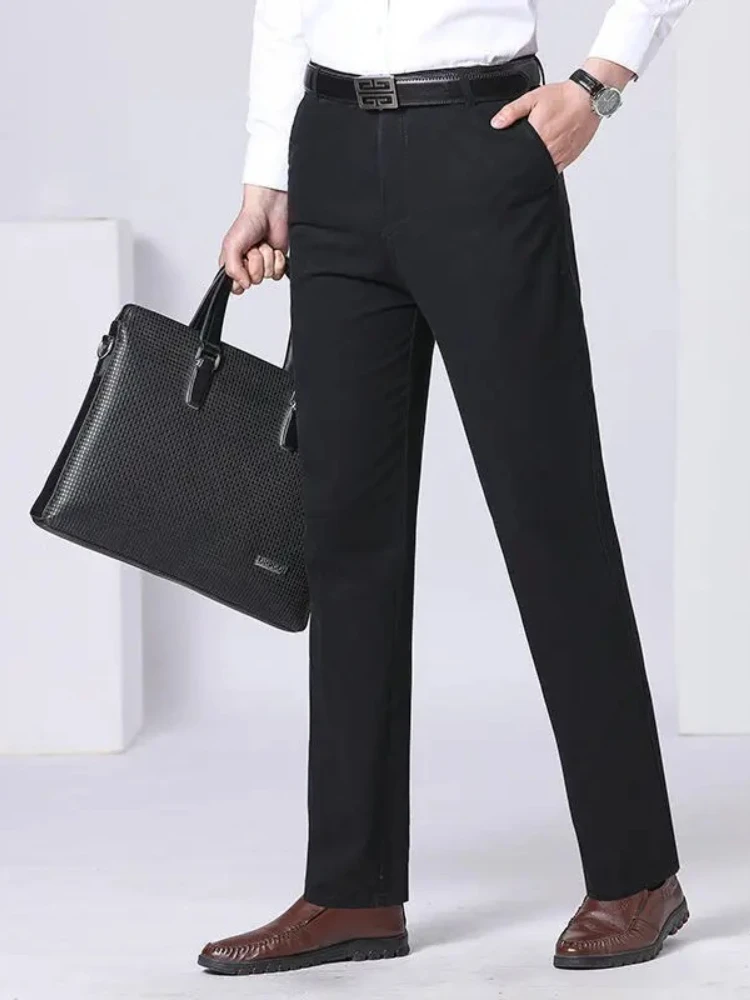 Mens 100% Cotton Summer Thin Pants Autumn Suit Pant Slacks High Waist Straight Loose Bland Solid Business Casual Pants Gozbkf view 2