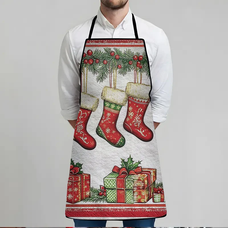 1pc Christmas Stocking Pattern Printed Apron, Unisex Fashionable Home Workwear, Durable BBQ Apron Washable Reusable