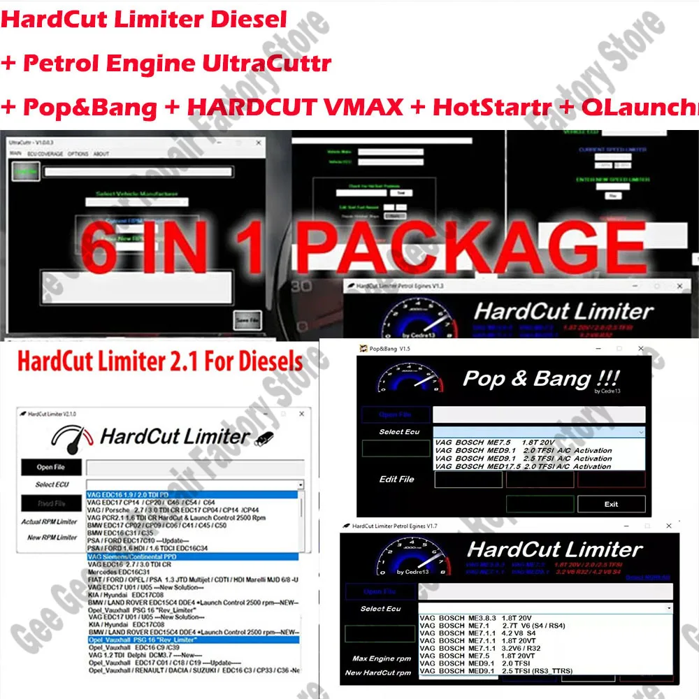 

6 IN 1 PACKAGE ECU Software HardCut Limiter Diesel + Petrol Engine UltraCuttr + Pop&Bang + HARDCUT VMAX + HotStartr + QLaunchr