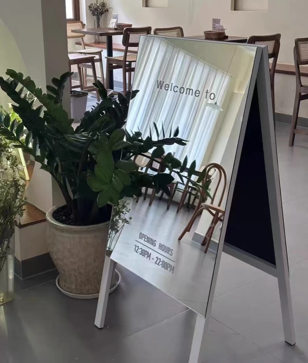 

Double-sided A-shaped signage stainless steel floor-to-ceiling billboards for store check-in and advertising