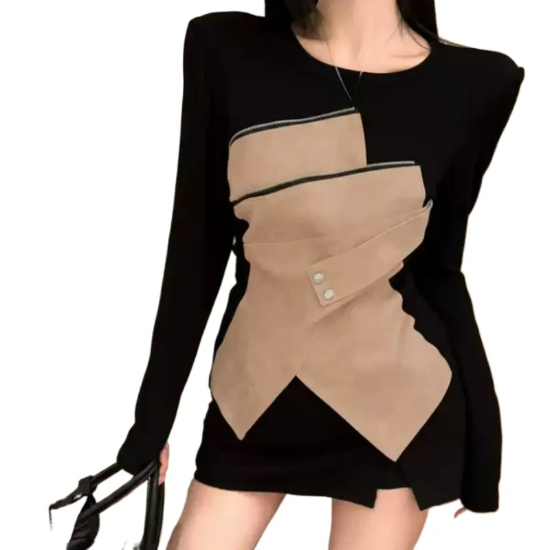 تي شيرت نسائي لربيع وخريف 2026 فريد من نوعه بطبقة أساسية أنيقة ومكررة وغير منتظمة ومقطعة برقبة دائرية وأكمام طويلة للنساء #1