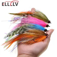 Ellllv 5.5″ Streamer Pike Fly Grizzly Saddle Hackle 3D Eyes 2/0 Stinger Hook Big Baitfish Lure for Bass Musky Saltwater Species