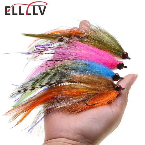 Ellllv 5,5 ′′ Streamer Pike Fly Grizzly Saddle Hackle ojos 3D 2/0 Stinger Hook Big Baitfish señuelo para lubina especie de agua salada almizclada