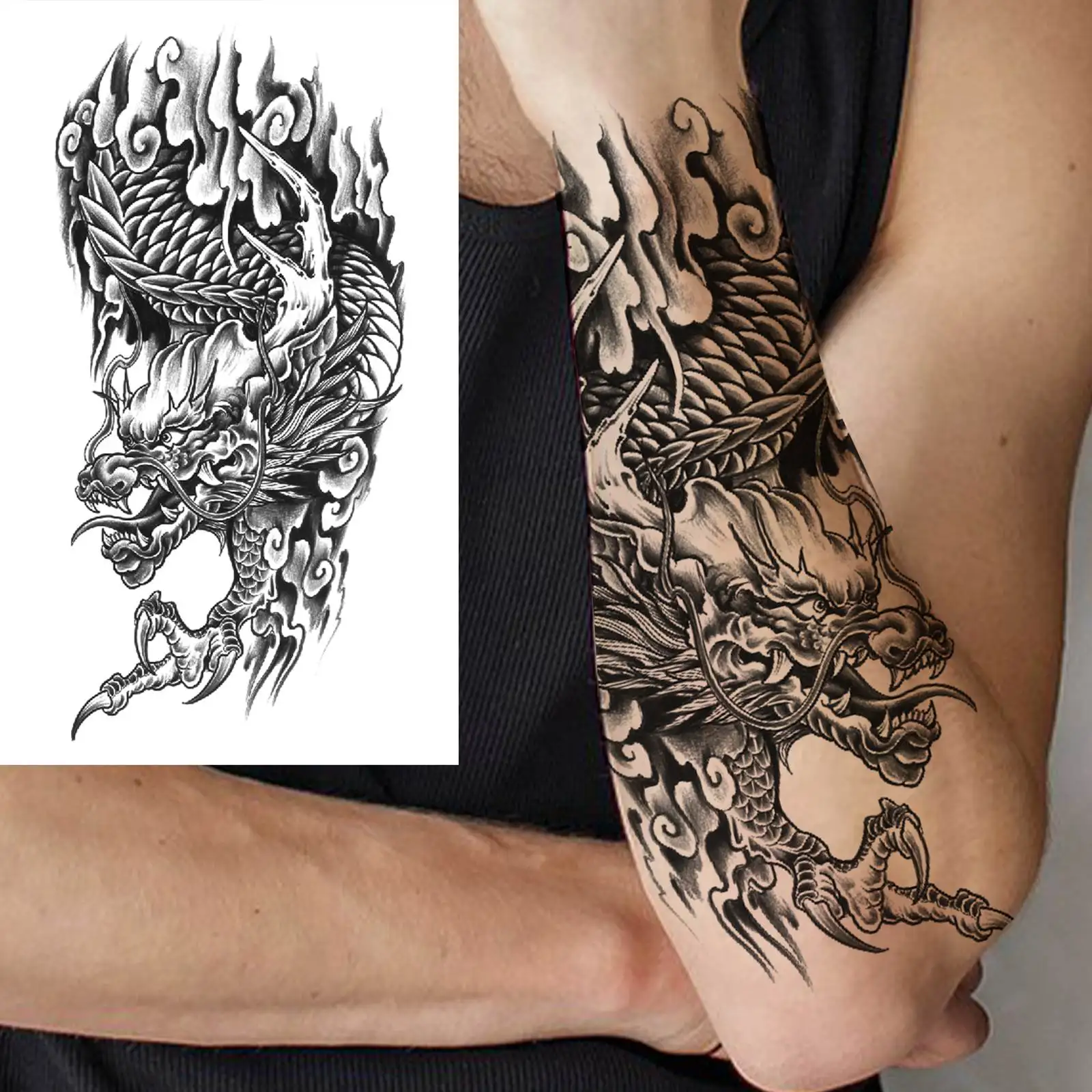 1 Sheets Dragon Temporary Tattoos For Men Women Adults Leg Arm Body Self Adhesive Fake Tattoo Sticker Transferable Realistic view 4