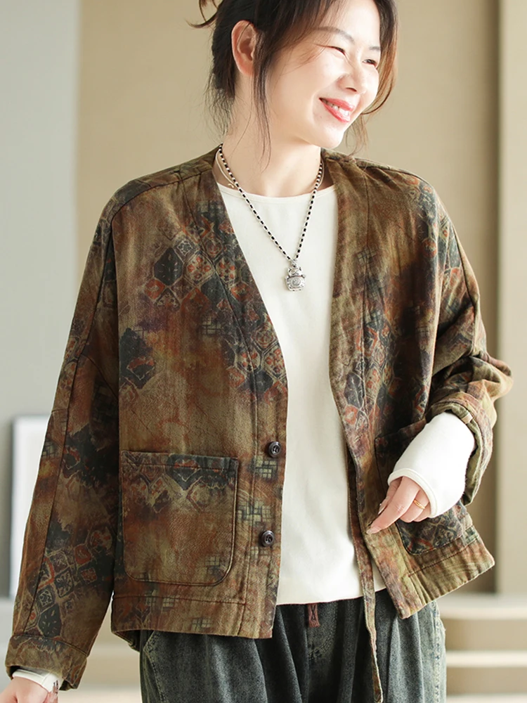 Max LuLu Fall Fashion Design Womens Luxury Loose Printed Linen Jackets Ladies Leisure Vintage Floral V Neck Big Size Outerwear