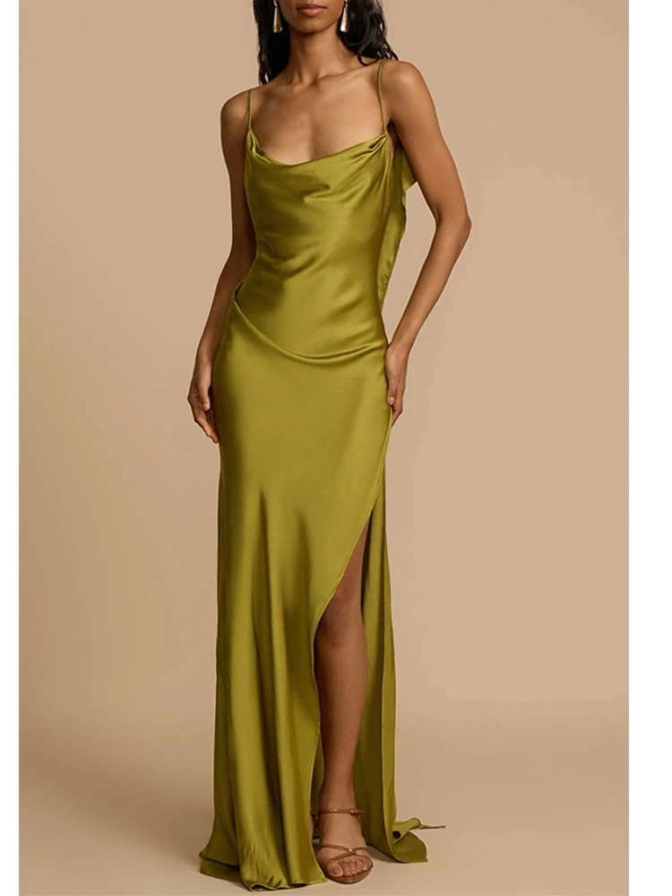 Estilo europeu nova moda feminina versátil temperamento simples cor sólida em camadas decorativa estilingue vestido de fenda