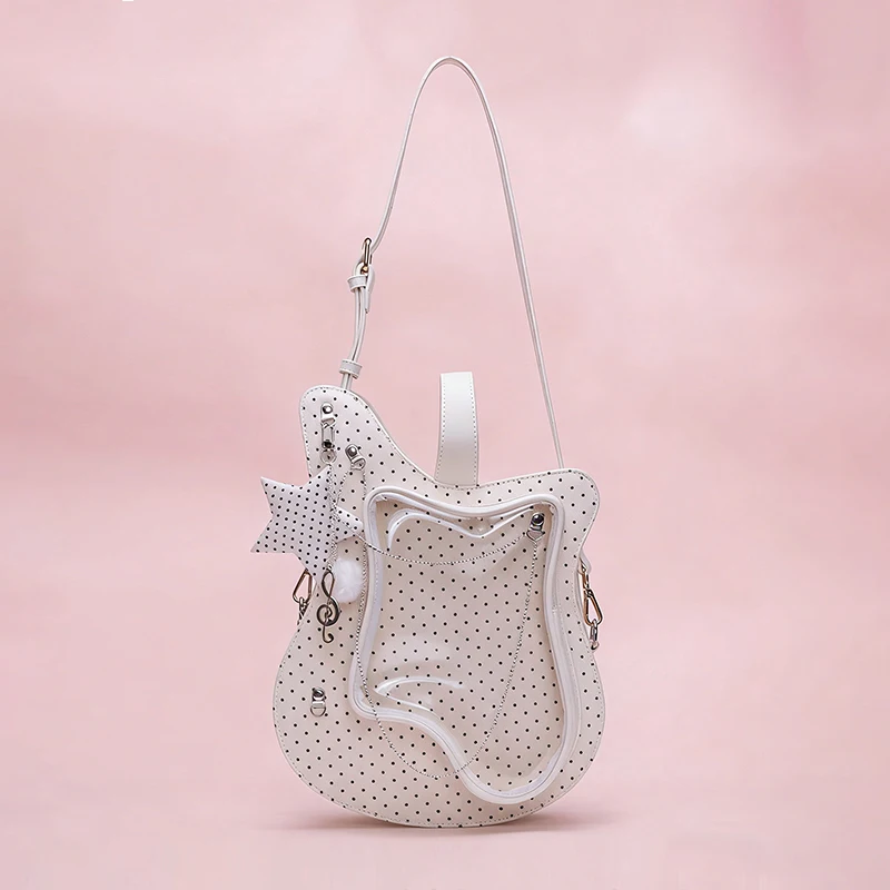 Y2k Guitar-shaped Ita Bagmjapanese Women's Transparent Doll Badge Display Shoulder Bag,unique Stylish Backpack Heart Chain Decor