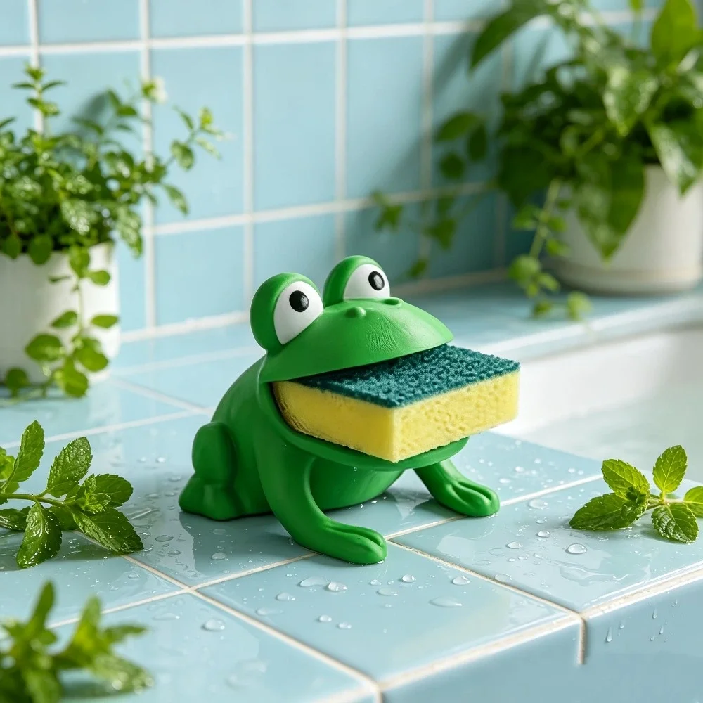 Frog-shaped sponge dishwashing brush holder with drainage system view 5