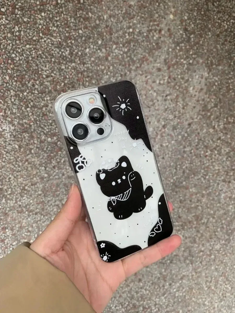 Dier Kitten Telefoon Schoon Hoesje Voor Iphone 15 11 12 14 13 Pro Max Mini Xsmax Xr Se 7 8 Plus Kawaii Zwarte Kat Schattige Cartoon Covers