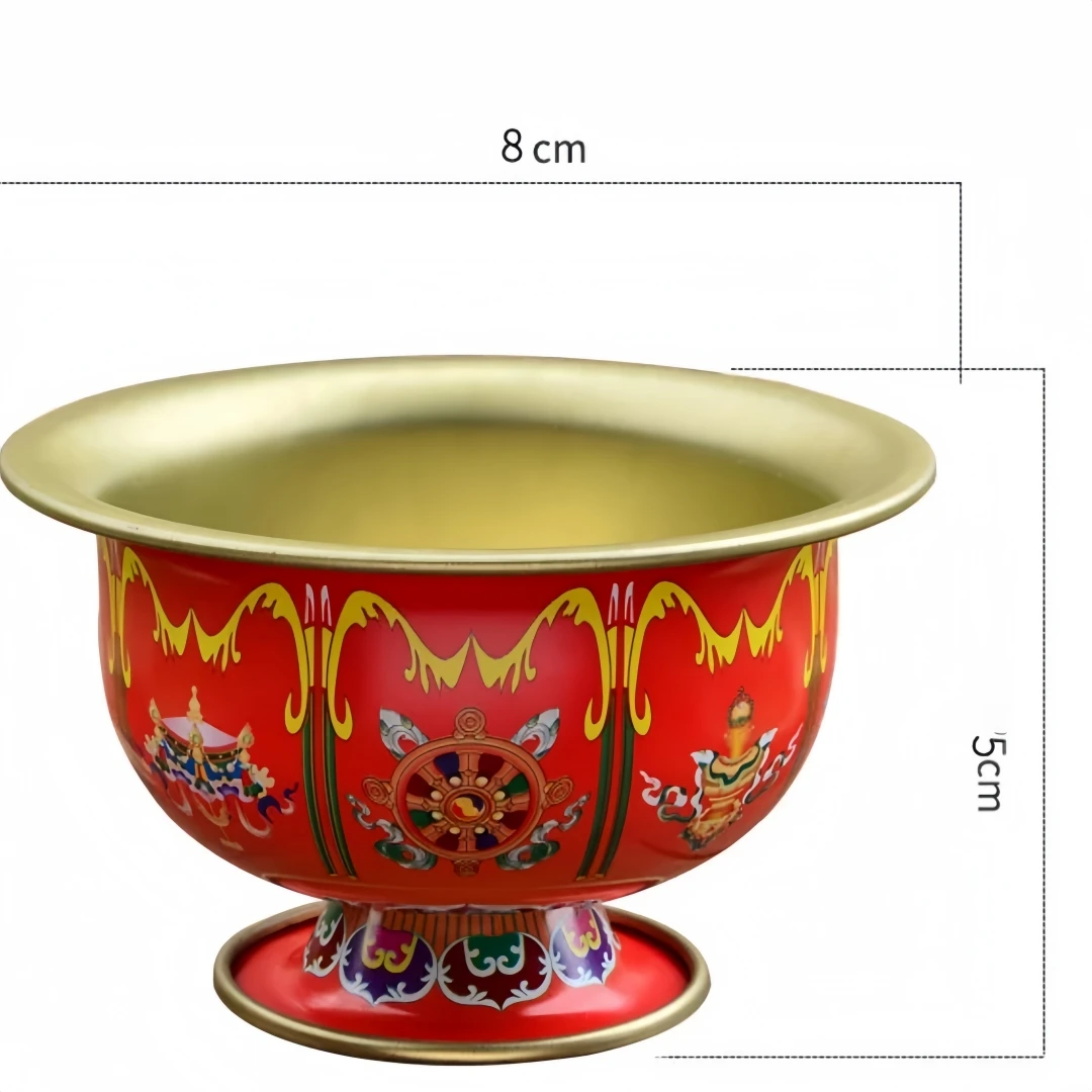 8pcs Tibetan Red Offering Bowls, Nepal Painted Metal Water Cups for Buddhist Altar, Eight Auspicious Symbols Decor