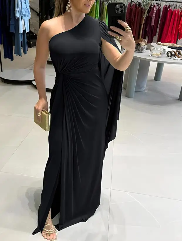 

Women's Dress Summer New Style French Elegant Personalized Diagonal Collar Twisted Design Spliced Mesh Sleeve Wrapped Hip Dress