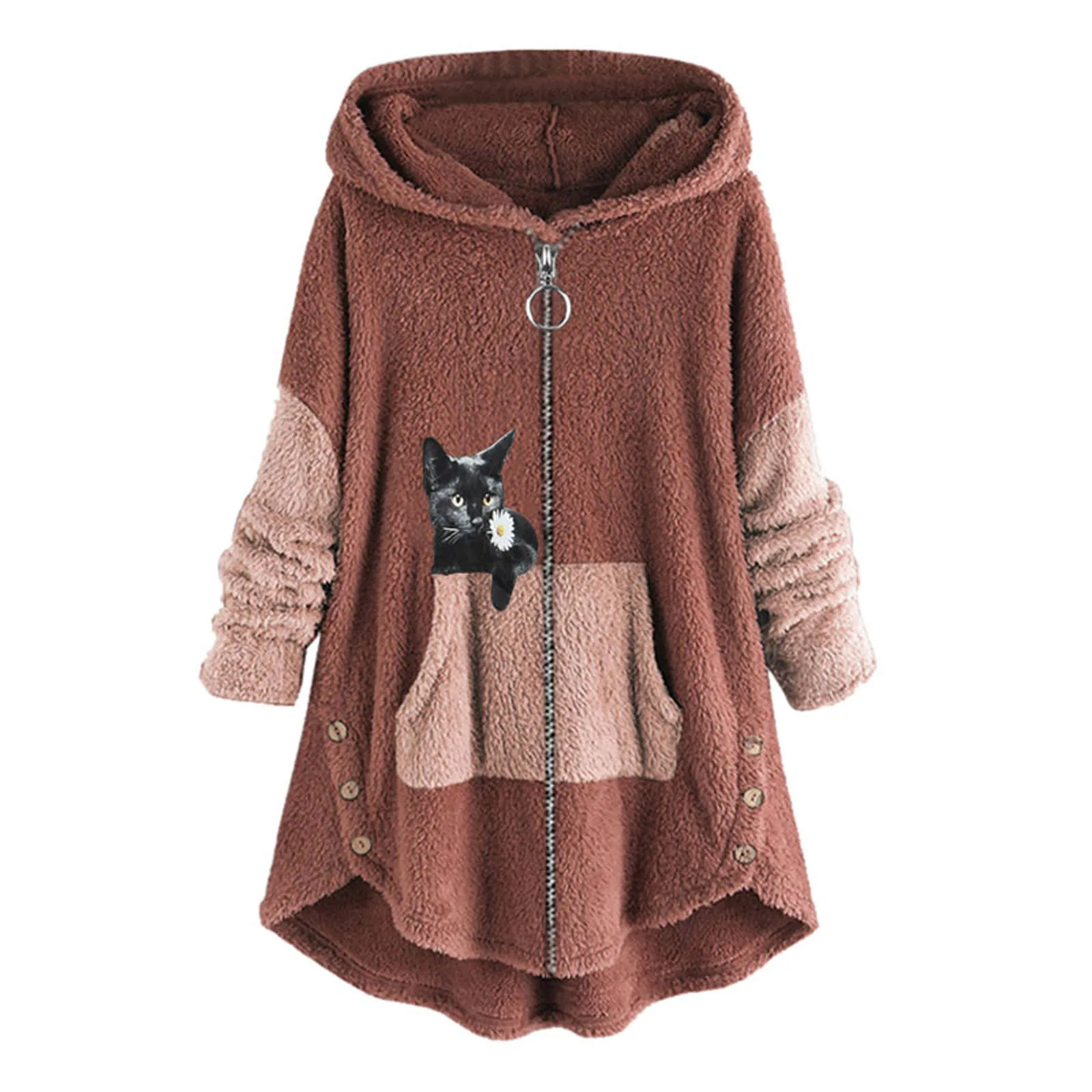 Dames sherpa-knoopjas met lange mouwen, trui, pluizig fleece-sweatshirt, casual losse pluizige hoodies, warme winterjassen