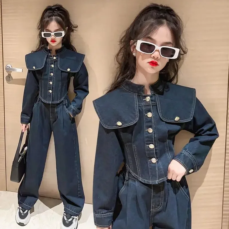 Girls Spring and Autumn Denim Set 2024 New Fashion Classic Large Lapel Denim Two-piece Set Korean Simple Style Suits Clothes