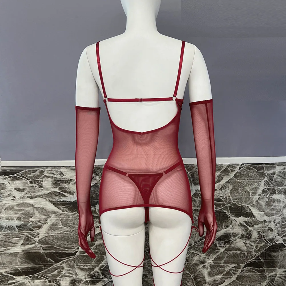 Sheer Mesh Women Sexy Lingerie Set Suspender See Through Tops Thong Panty Gloves Leg Ropes Underwear Suit Perspective Sleepwear