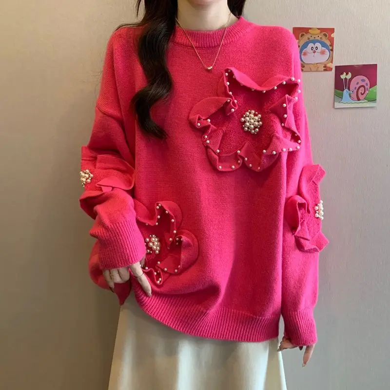 Women Clothing Korean Fashion 3D Flower Beaded Chic Sweet Knitted Sweater Casual Streetwear O Neck Long Sleeve Loose Pullovers