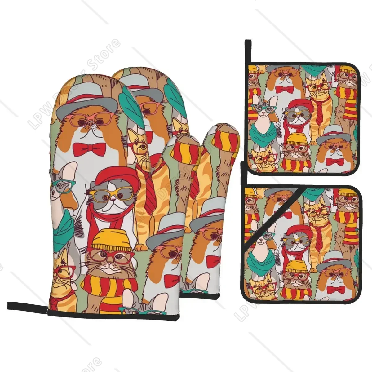 

Fashion Hipster Cats Group Oven Mitts and Pot Holders 4pcs Set Heat Resistant BBQ Kitchen Gloves for Baking Grilling Potholder