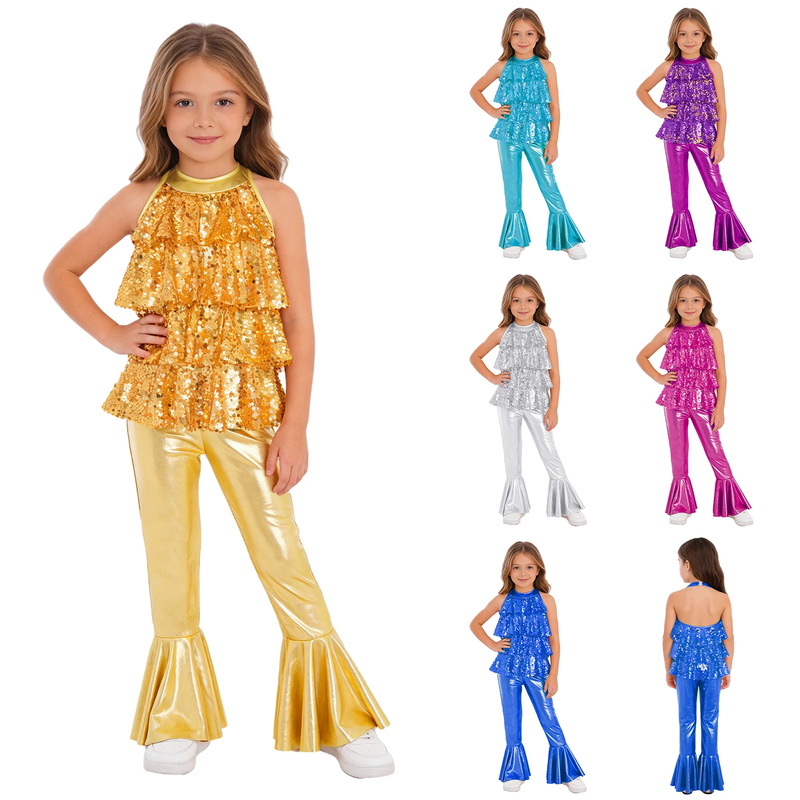 Kids Girls Sequins Tiered Ruffles Dance Jumpsuit Halter Backless Bell-Bottom Bodysuit for Hip Hop Jazz Funk Dance Party