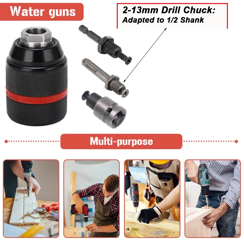 New 13mm Threaded Keyless Metal Drill Chuck, Hex Shank/SDS/Square Quick Grip Adapter, Chuck for Drill Bit Screwdriver Tap&Socket