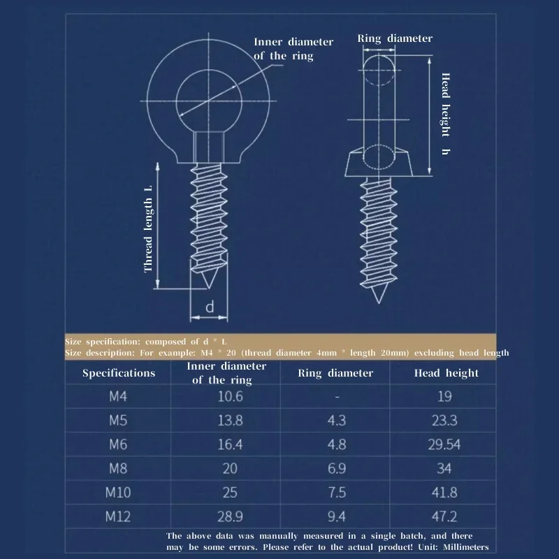 304 A2 Stainless Steel Lifting Ring Screw, Sheep Eye Ring Self Tapping Bolt, Lifting Ring Nut, Self Tapping Wood Screw M4~M12