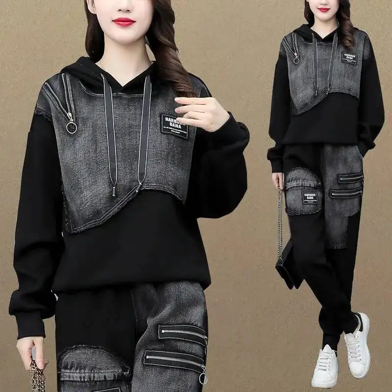 

Весенне-осенний новый модный комплект для женщин, лоскутная джинсовая толстовка с капюшоном и брюки, комплект из двух предметов, модный бренд