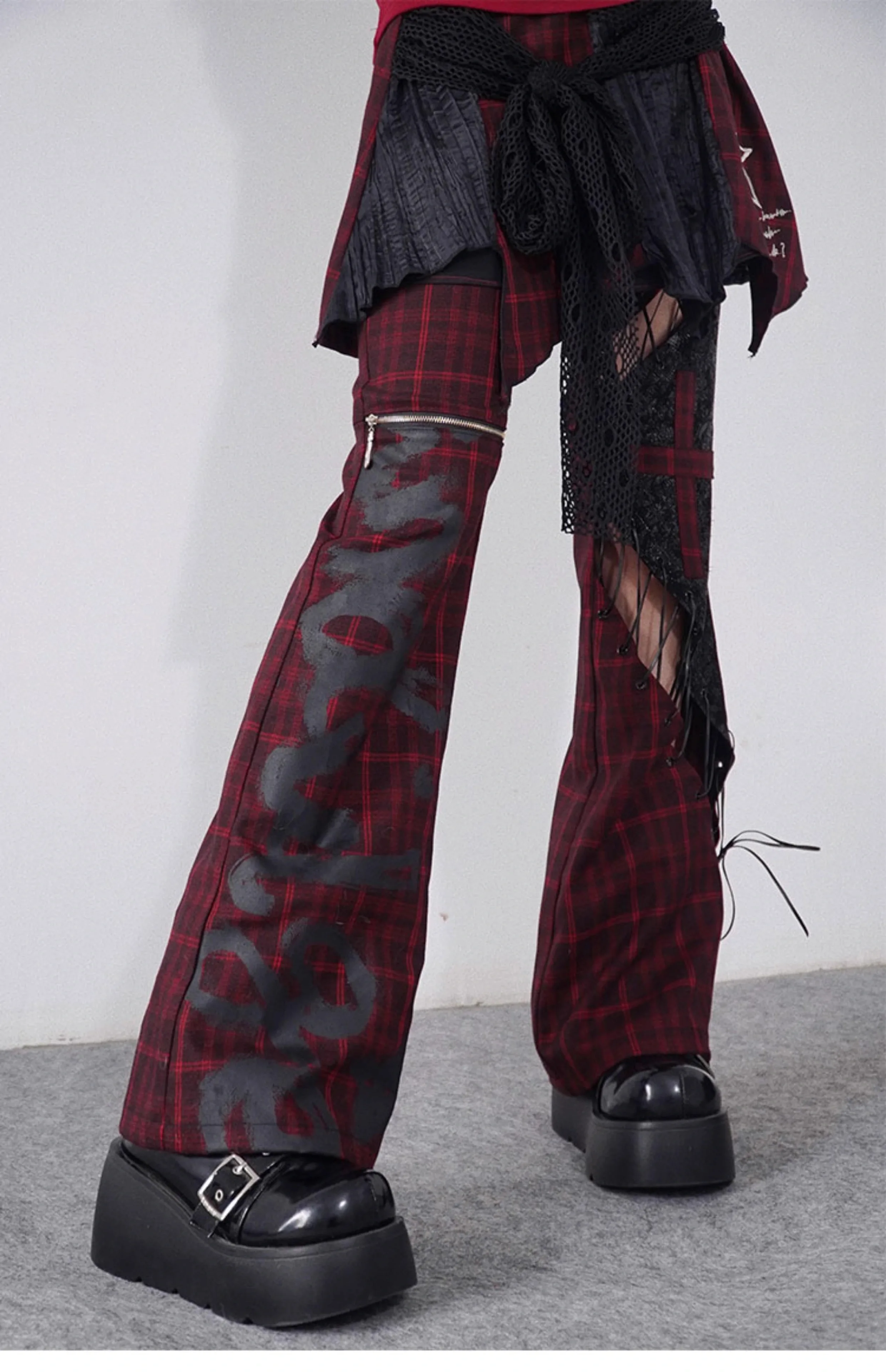 original design punk goth long flare pant red wine hollow out plaided lace-up cross punk rock women fashion pants capris