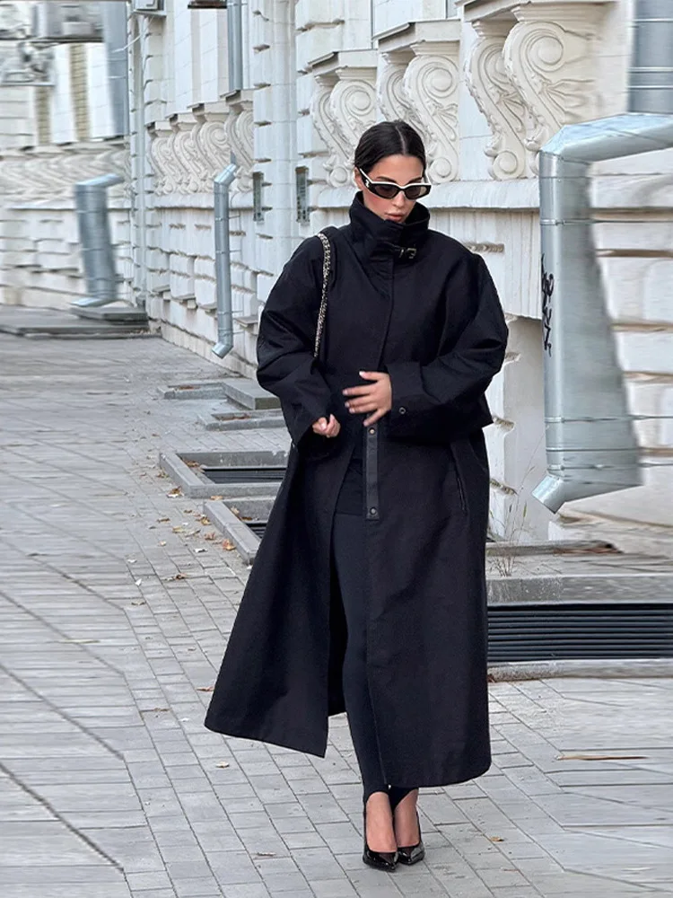 

Ele Commuter Bla Lazy Sle Loose Stand Collar Large Size Long Coat Women Windbreaker Jaet Comfortable Polyester Fiber