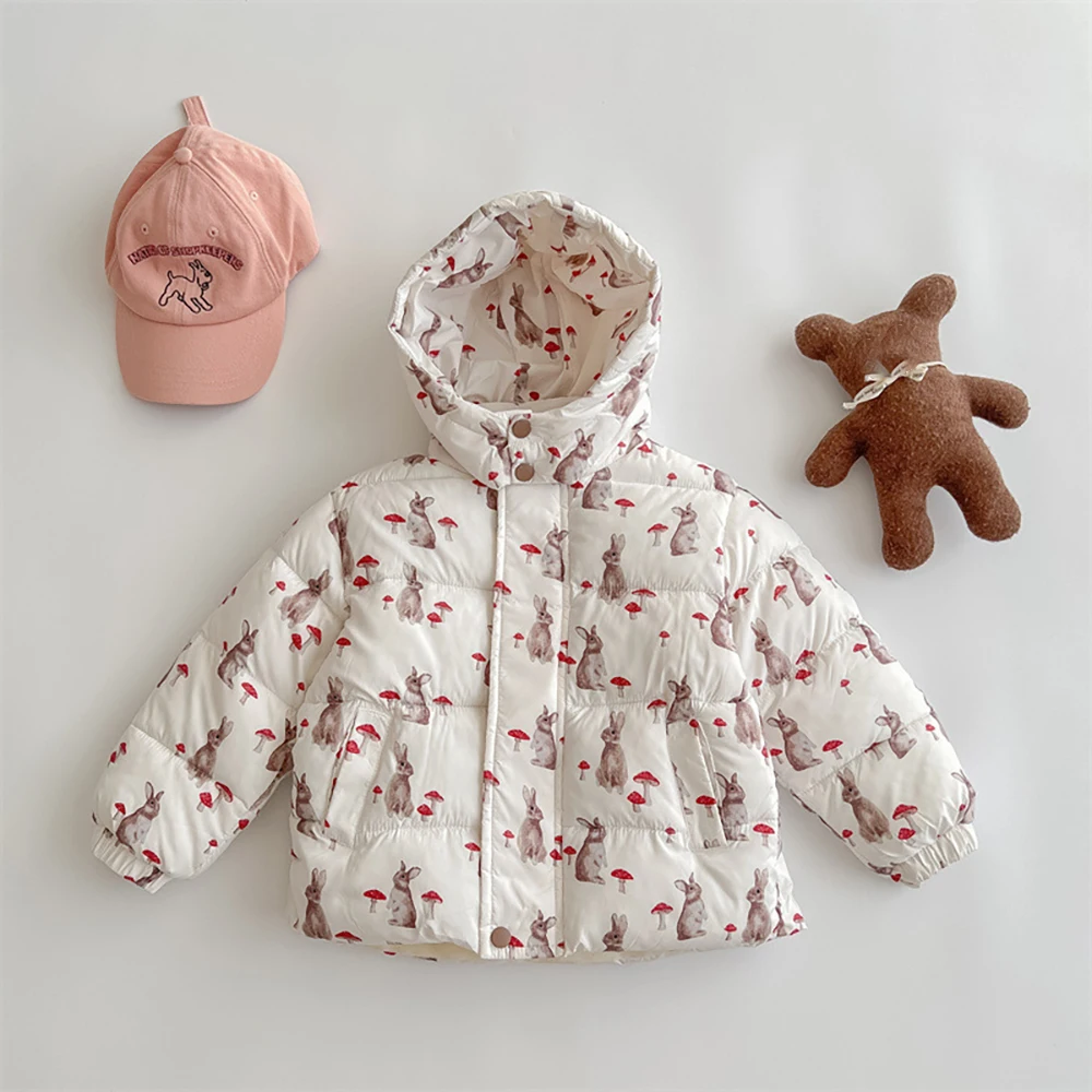 Infant Kids Cotton Coats Winter Cartoon Print Hooded Padded Jackets Girls Boys Thick Warm Velvet Coat Children Clothes Overcoats
