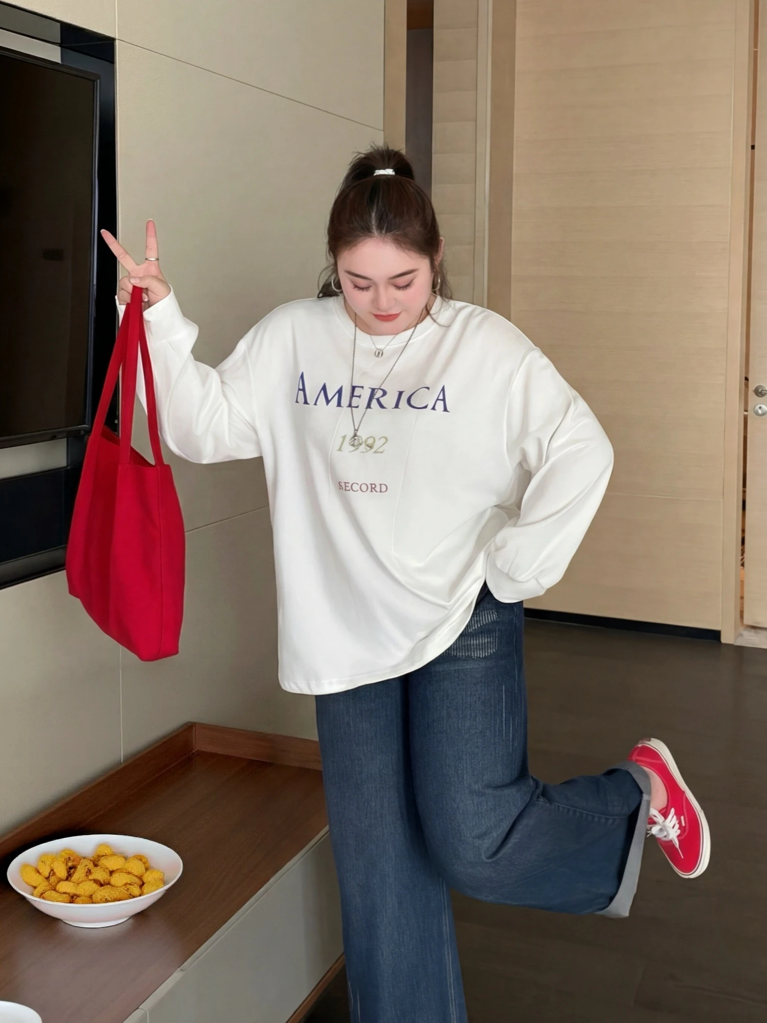 

Casual round Neck Base Shirt Women's plus Size Spring Commute Style Long Sleeve Cotton Polyester Spandex Printed T-shirt