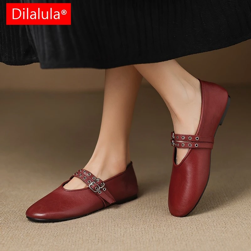 

Dilalula 2025 Genuine Leather Double Belt Buckle Mary Janes Shoes Ladies Round Toe Casual Flats For Women Daily Walk Shoes Red