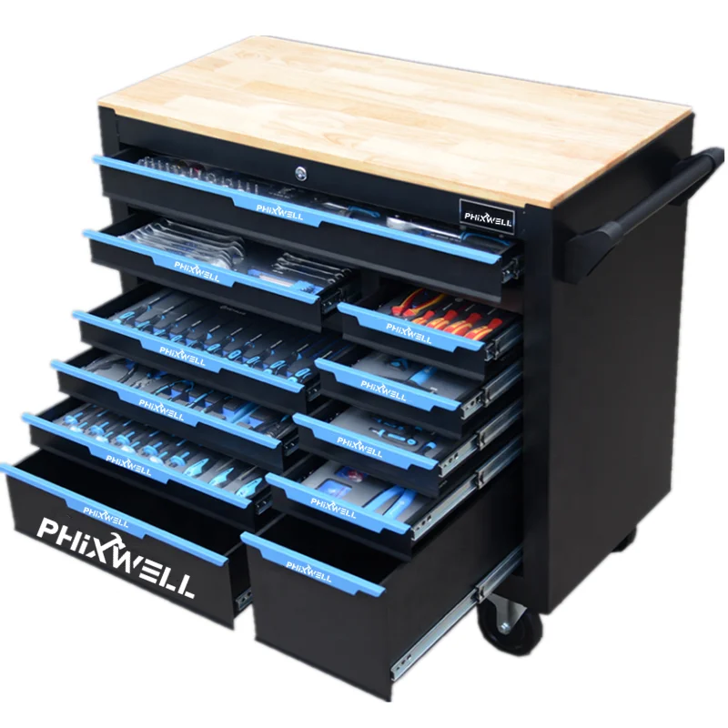 

12 Drawers Garage Tool Box Trolley Cabinet Chest Cart Roller Srorage with Tools Car Repair Kit Ratchet Socket Wrench Set Tray