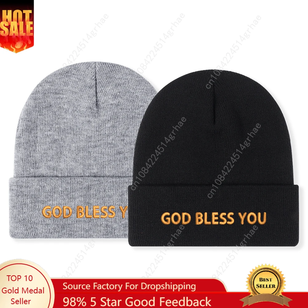 

1pc'Bless You' Embroidered Beanie Soft Stretchy Lightweight Winter Hat for Men & Women, Outdoor Hip Hop Fashion