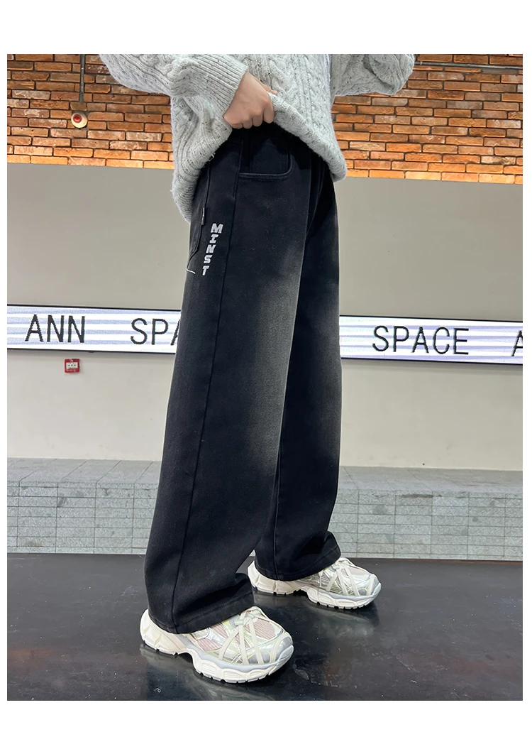 Schwarze Jeans für Teenager und Kinder, Frühling/Herbst, Retro-Verlauf-Design, gerade Passform, Denim-Hose, stylische weite Hose für Jungen, 5-14 Jahre – Detail 2