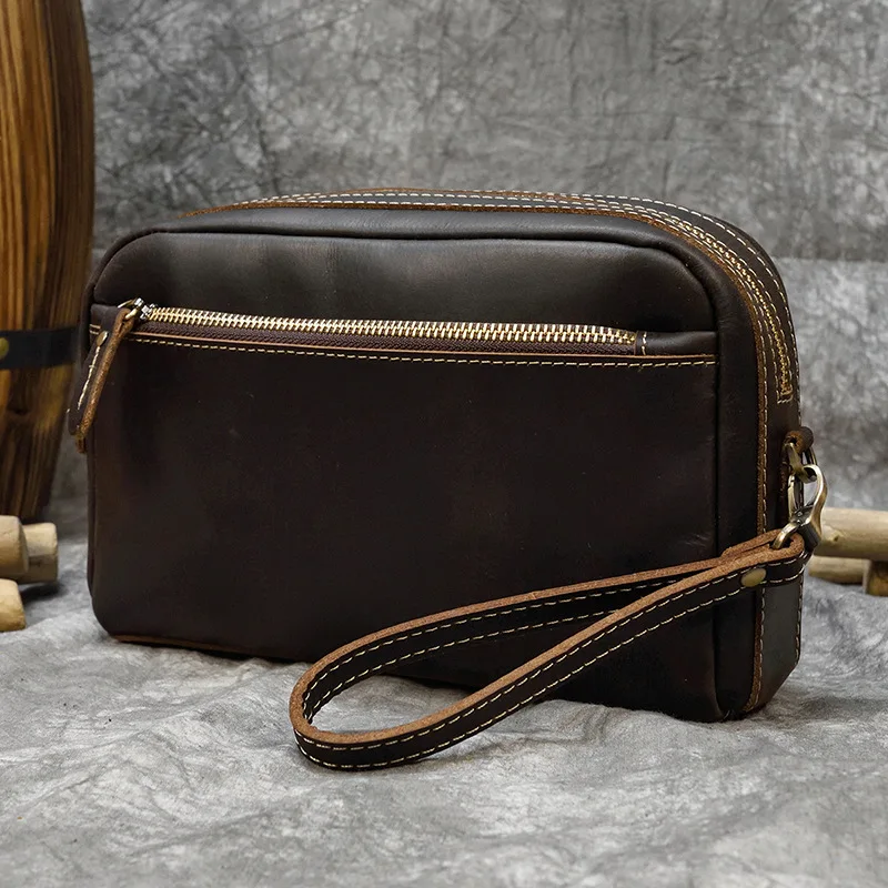Mens Crazy Horse Leather Clutch Bag Genuine Leather Multi Functional Shoulder Bag Crossbody Bag Casual Commuter Handbag