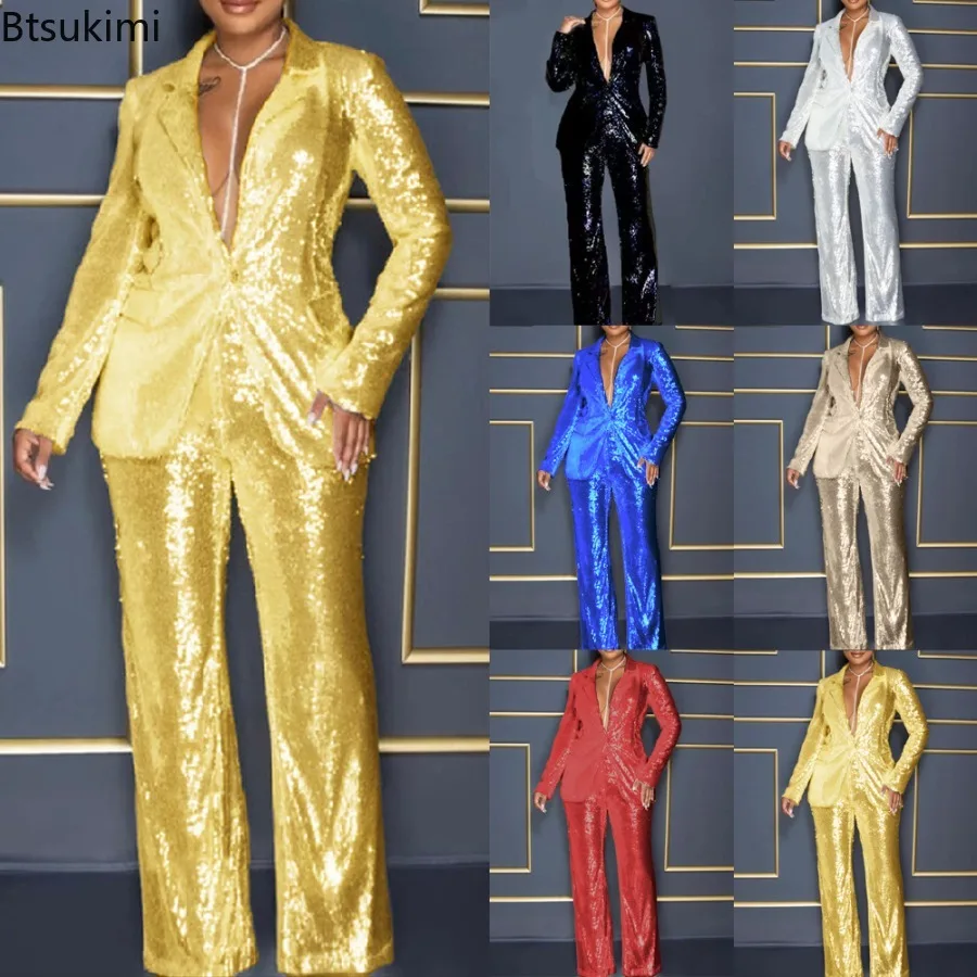 

Spring New Women's Luxury Sequins V-neck Jumpsuit 2PCS Sets Fashion Long Sleeve Blazers High Waist Wide Leg Pants Set Women Suit