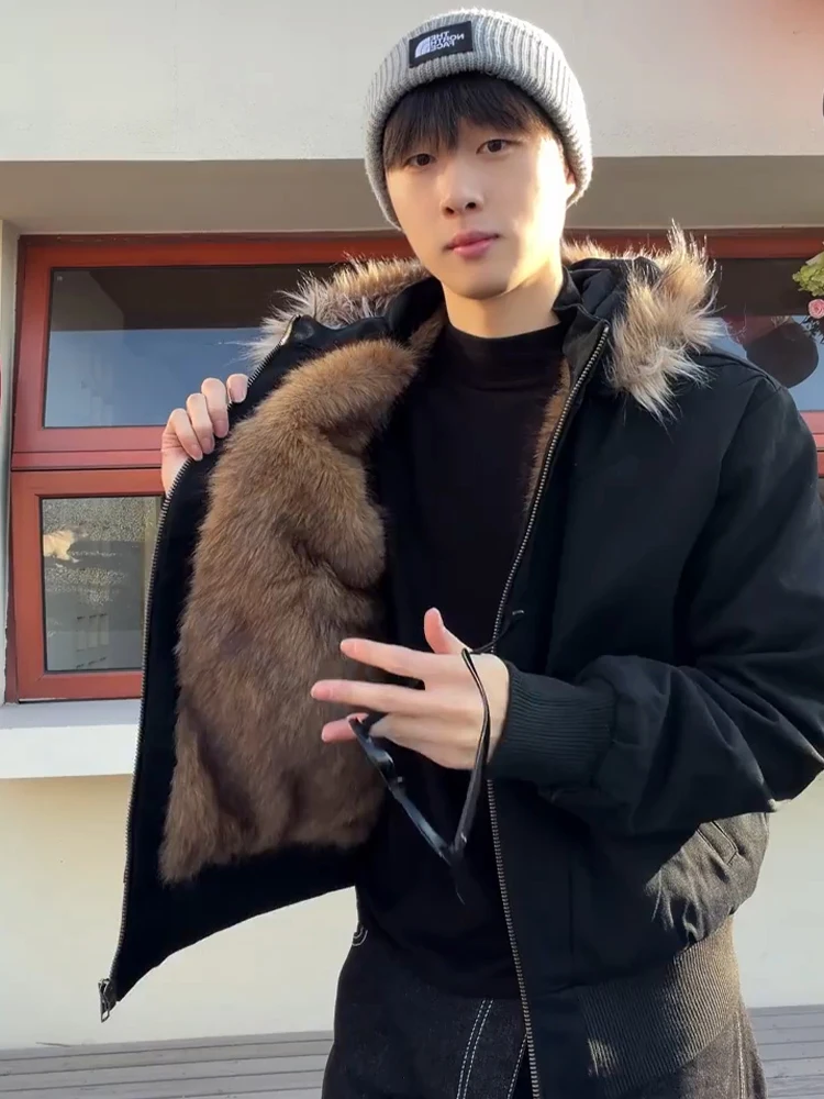 

Detachable Fur Collar Hooded Men's Cotton Jaet Thi Canvas ort Sle Warm Outerwear Winter Coat Youth Faion Trend