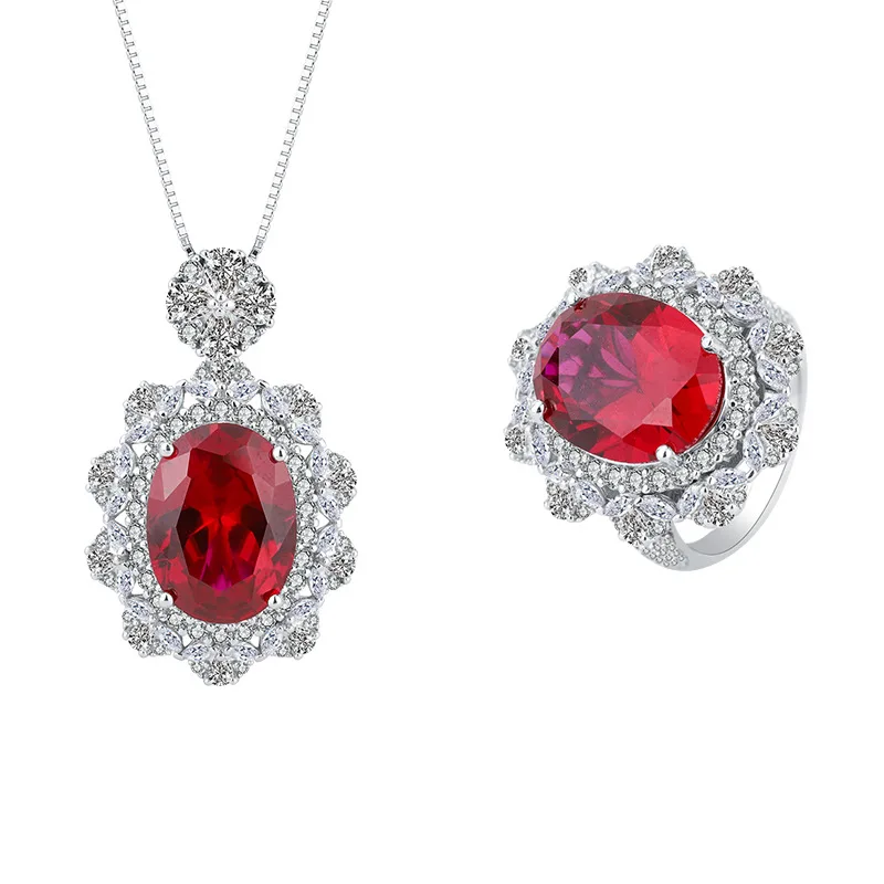 Jewelry S925 Whole Body Silver Imitation Pigeons-Blood Ruby Pendant Ring Suit Large Denier 12*16