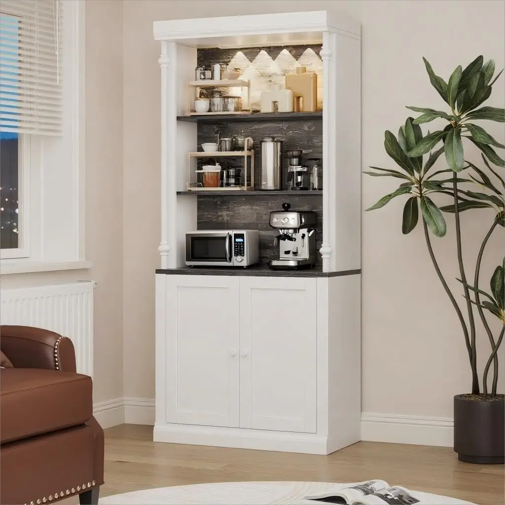 

Шкаф для хранения высотой 71 дюйм с LED-подсветкой, отдельно стоящий шкаф-кладовка с двойными дверцами и регулируемыми полками, книжный шкаф