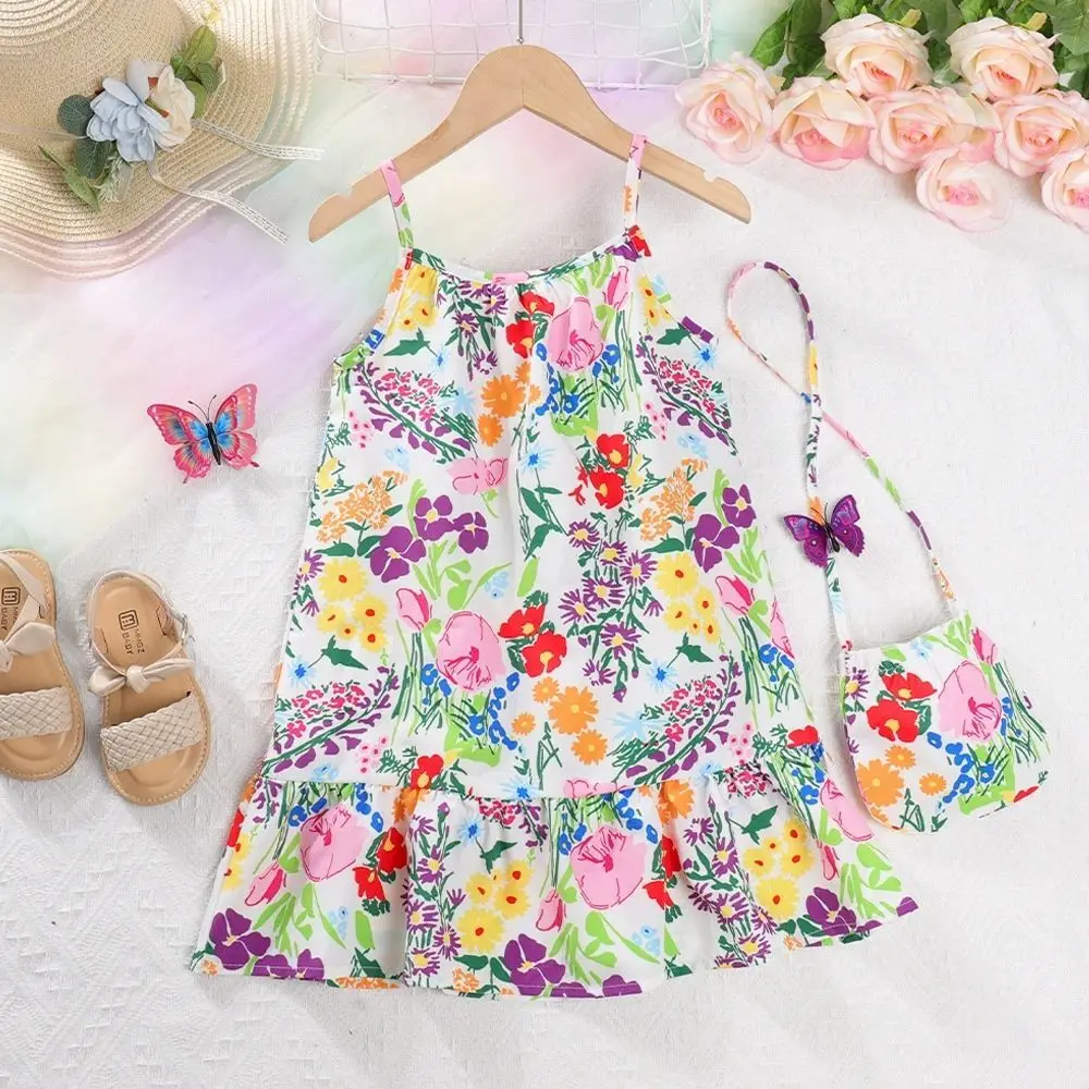 Children's Wear 2025 Summer Girls' Flower Print Sleeveless Strap Fashion Dress Girls' Kids Beach Holiday Print Dress