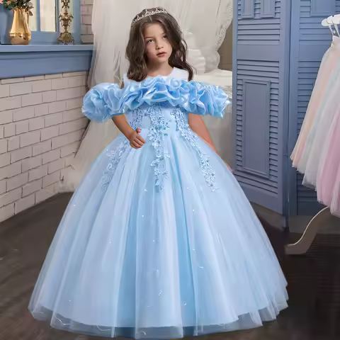 New Wedding Party Flower Girl One Shoulder Mesh Girl Elegant Evening Dress Embroidered Birthday Party Girl Princess Dress