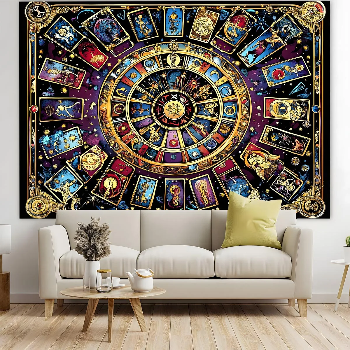 Cosmic Tarot Wheel Tapestry, Zodiac Astrology Cards Galaxy Mystical Witchy Celestial Gold Art Wall Cloth For Bedroom Decor