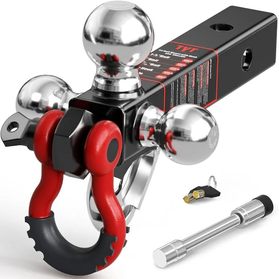 

Heavyduty adjustable triball trailer hitch with tow hook designed for 2inch receiver offers 4.5inch rise and drop adjustment in