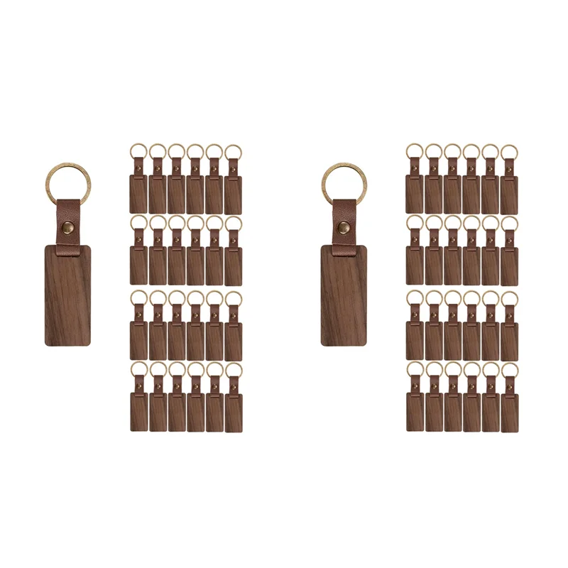 

50 Pieces Leather Wood Keychain Blank, Wooden Keychain Blanks With Leather Strap, Unfinished Wooden Keychains
